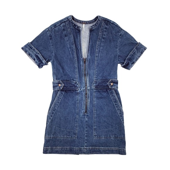 Free People Dresses & Skirts - Free People Dream On Denim Mini Dress Size S Blue Utility Zip Front Pockets